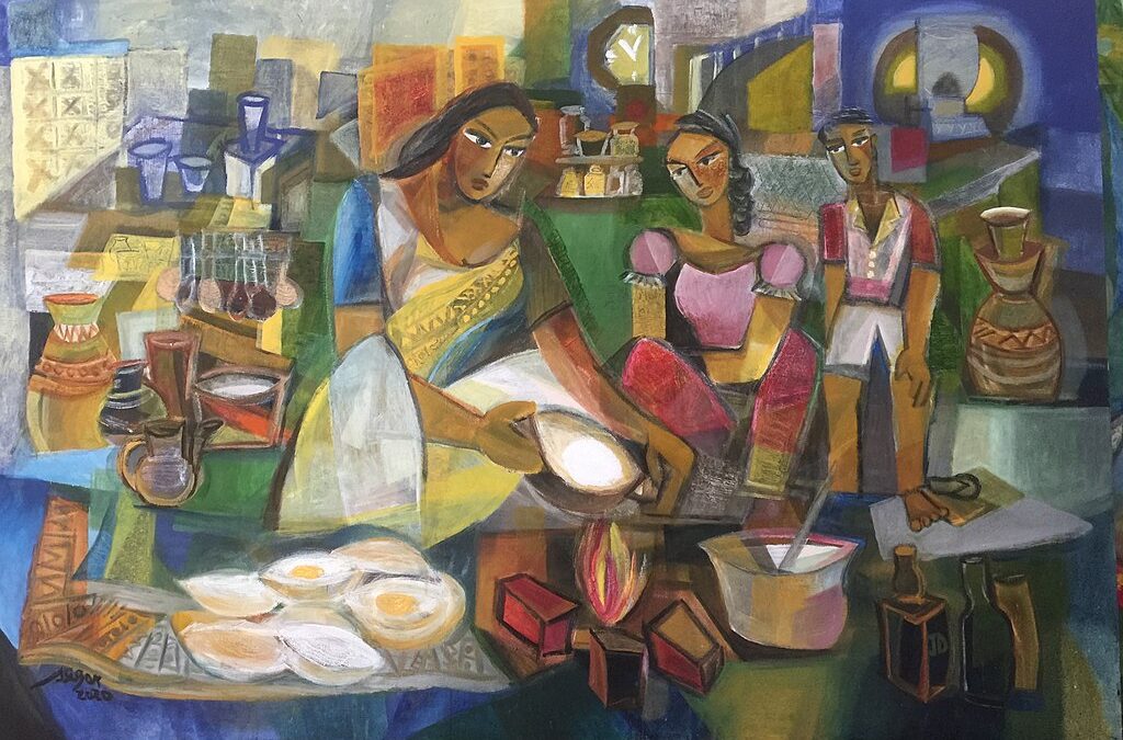 Family cooking hoppers in Srilanka Oil on Canvas by Raja Segar